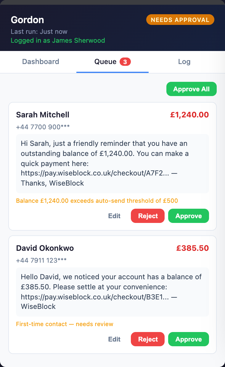 Gordon approval queue — review messages before sending